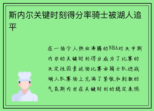 斯内尔关键时刻得分率骑士被湖人追平